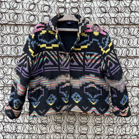 Vintage 90s ITF neon southwestern Aztec stripe woven tapestry jacket - Picture 2 of 9